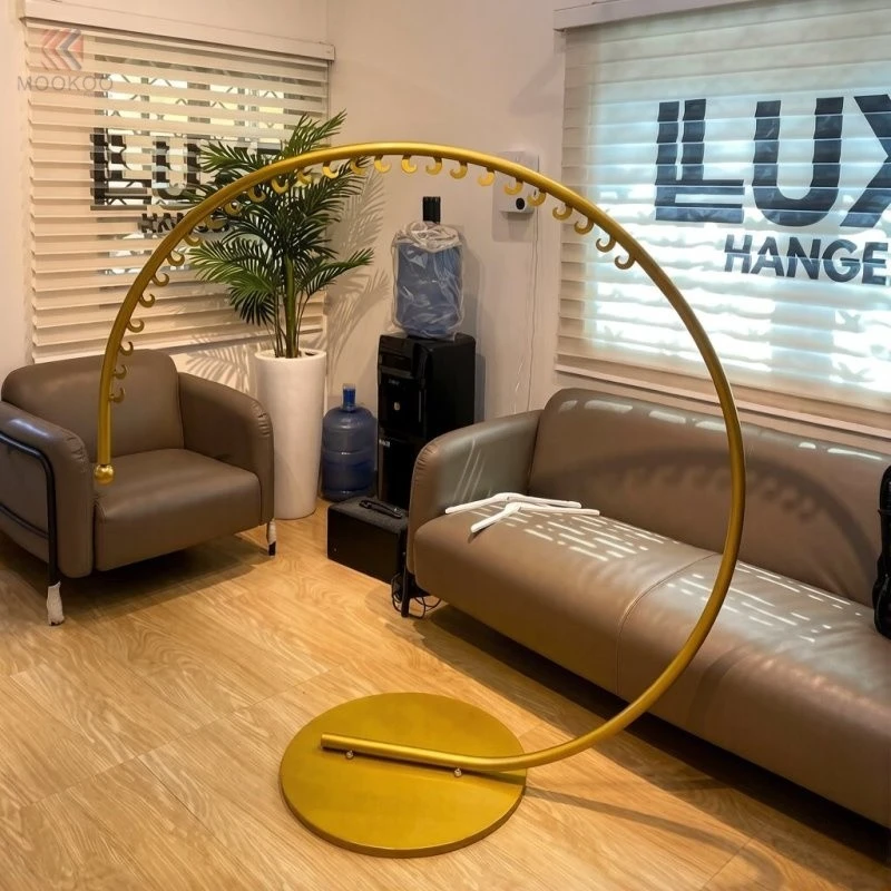 Gold Metal Rotating Half Moon Garment Display Stand With Varnish Finish Floor Standing Hanging Rail For Boutique Retail Shops factory